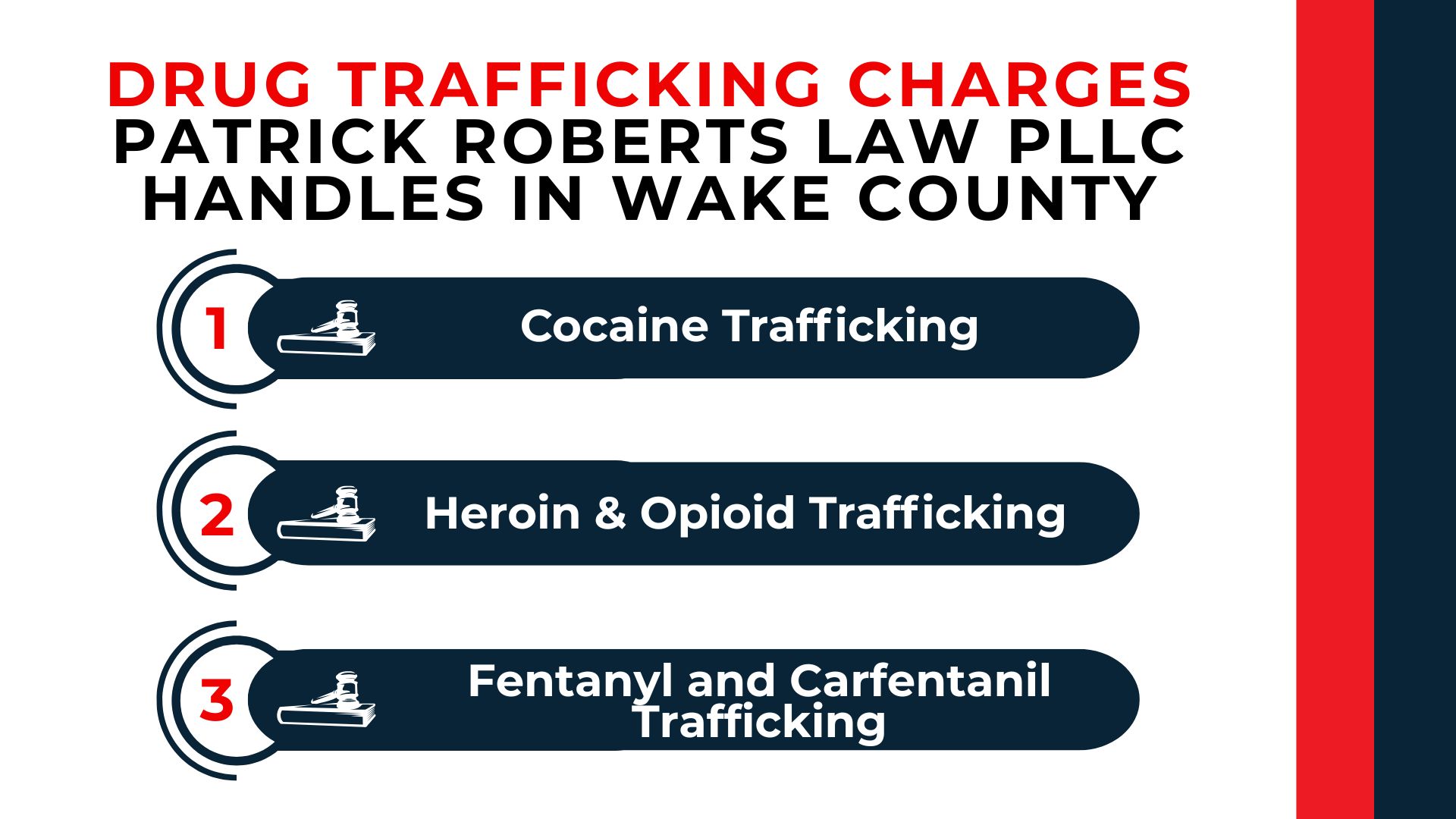 Numbered gavel icons list cocaine, heroin and opioid, plus fentanyl and carfentanil trafficking cases.