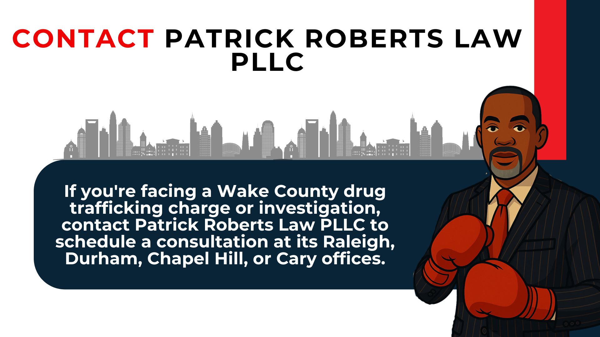 Boxing gloves illustration beside consultation message for Wake County drug trafficking defense and office locations.