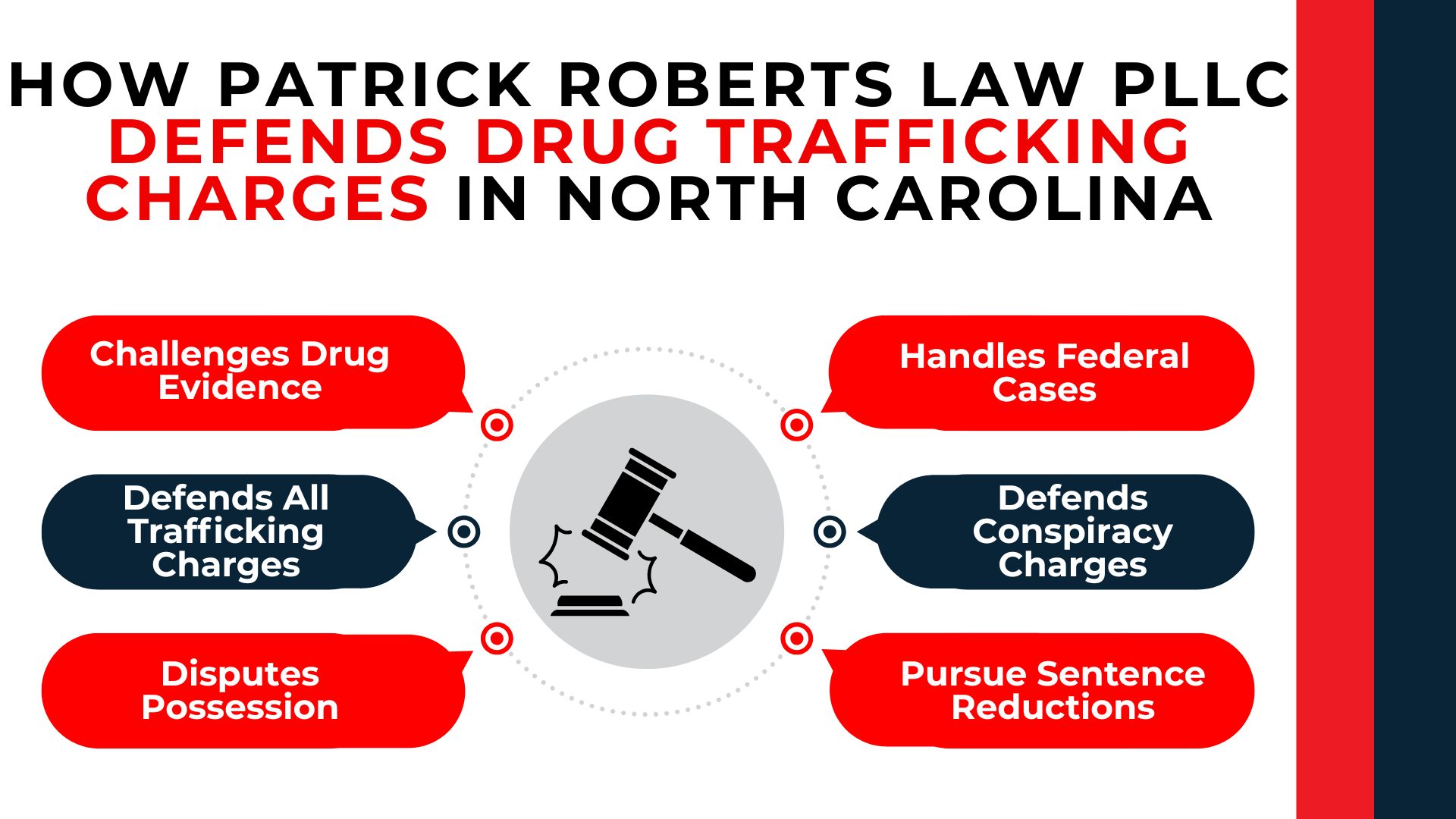 Gavel icon with callouts covering evidence challenges, federal cases, conspiracy defense, and sentence reductions.