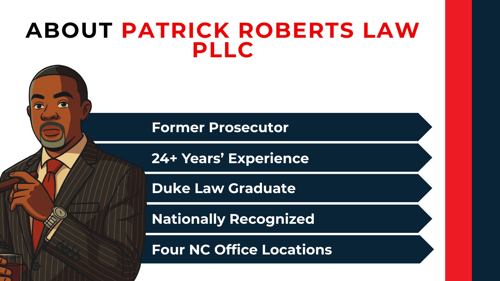 Attorney illustration highlights former prosecutor experience, Duke Law degree, recognition, and NC offices.