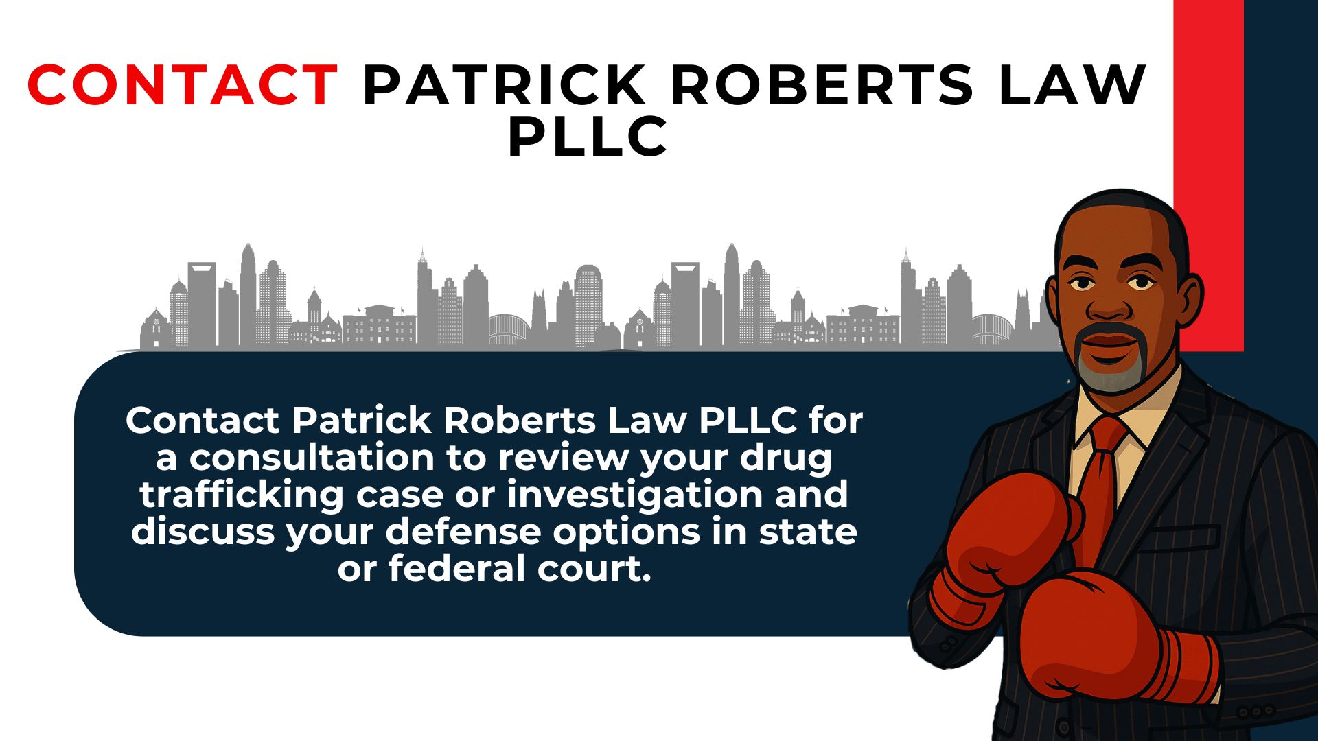 Attorney wearing boxing gloves invites consultations for North Carolina drug trafficking defense cases.